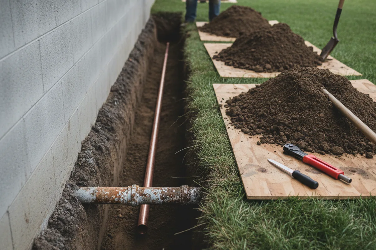 Excavated water line trench during Water Softener Installation in San Bruno